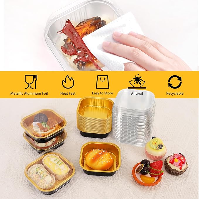 FORBFAN 150 Pack 8 oz Mini Square Cake Pans with Lids, Aluminium Foil Square Brownie Baking Cups, Black and Gold Disposable Ramekins Oven Safe
