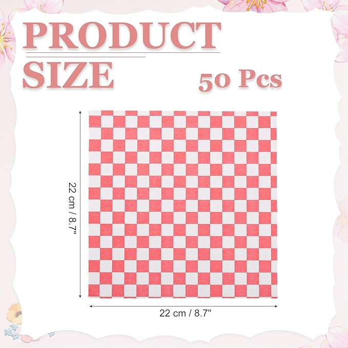PATIKIL 8.7" x 8.7" Waxed Paper Sheets, 50Pcs Square Pattern Oil-absorbing Dry Food Wrapping Paper for Bakery Coffee Shop Home Baking Kitchen DIY, Red