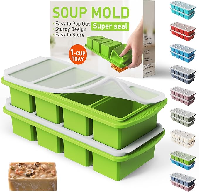 Silicone Freezer Tray with Lid Soup Freezer Container Molds with Steel Reinforced Rim Big Ice Cube Molds Pebble Ice Tray Soup Cubes Baking Dish Freezer Safe Food Storage Containers Kitchen Gadgets