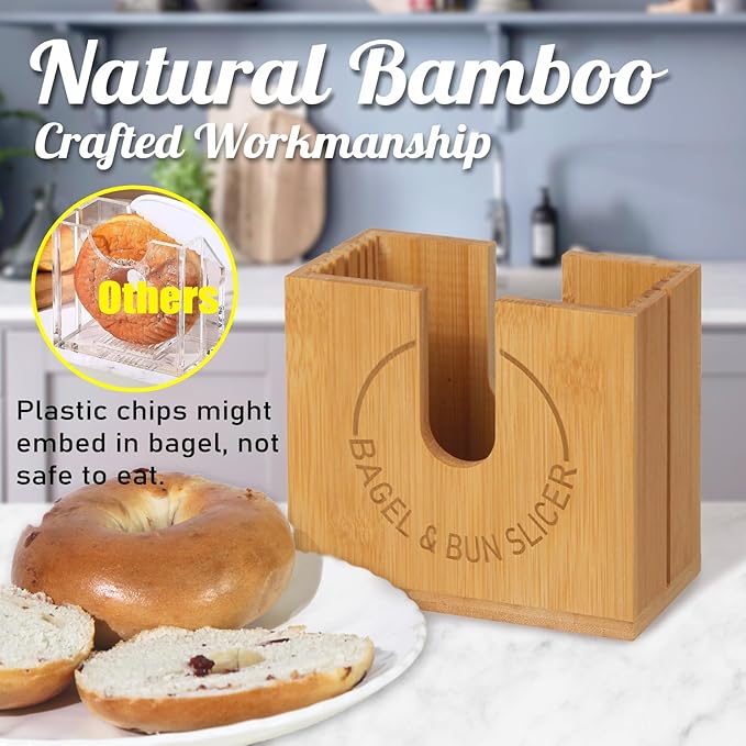 Large Adjustable Bagel Slicer Holder | Bamboo Bagel Cutting Holder with Width-Adjustable Slots for Small & Large Bagels, Buns & English Muffins, Knife Groove & Non-Slip Base