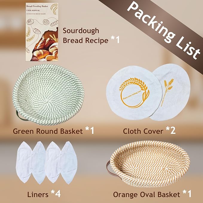 Banneton Bread Proofing Basket Set,Cotton Rope Sourdough Banneton Basket Oval Round, 10 inch Sourdough Bread Baking Supplies with 4 Liners, Handmade Proofing Bowls for Artisan Bakers Starter