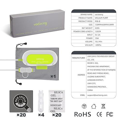 Vacuum-Sealed 3D Printing Filament Kit, 20 Packs Lightproof Storage Bags with Vacuum Pump, Moisture-Proof Bags, Sorting & Storage of PA/DP/PC/PLA/ABS/TPU/ASA/PETG with Desiccant
