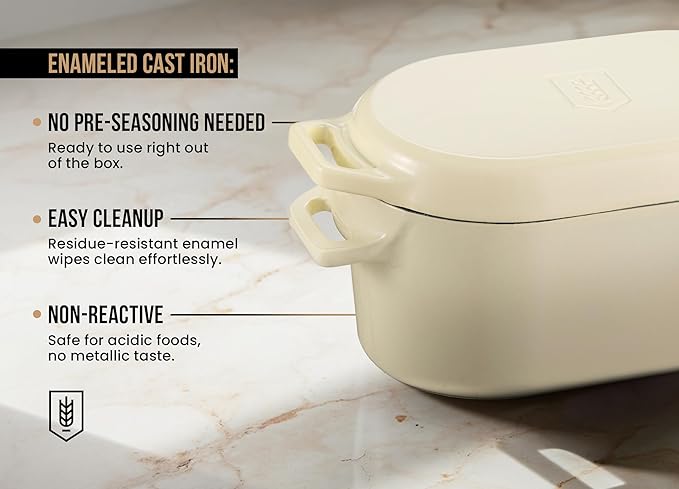 KooK Dutch Oven, for Bread Baking, Sourdough Loaf Pan, with Lid, Dual Handles, Enameled Cast Iron, includes Lid Lever, Dishwasher Safe, 3.4 Qt, Ivory