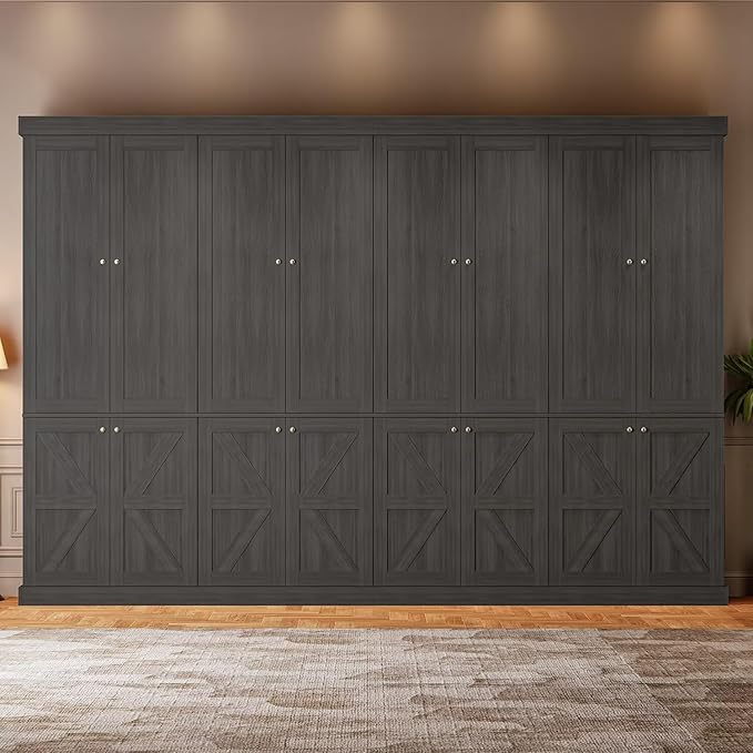 70.8" Tall Bookshelf with Doors, Farmhouse Modular Bookcase with 4-Tier Adjustable Shelves, Large Storage Cabinet for Home Office, Living Room, Black, Set of 3