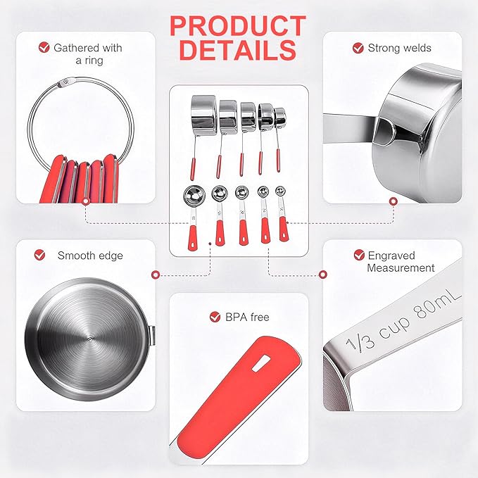 Measuring Cups and Spoons Set, Stainless Steel 10 Piece for Cooking and Baking (5 Cups + 5 Spoons, Red Handle)
