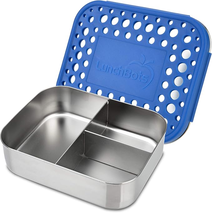 LunchBots Medium Trio II Snack Container - Divided Stainless Steel Food Container - Three Sections for Snacks On the Go - Eco-Friendly, Dishwasher Safe, BPA-Free - Stainless Lid - Blue Dots