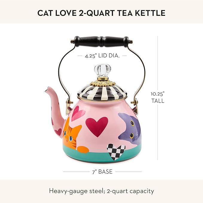 MACKENZIE-CHILDS Enamel Tea Kettle, Cute Tea Kettle for Stovetop, 2 Quarts, Cat Love