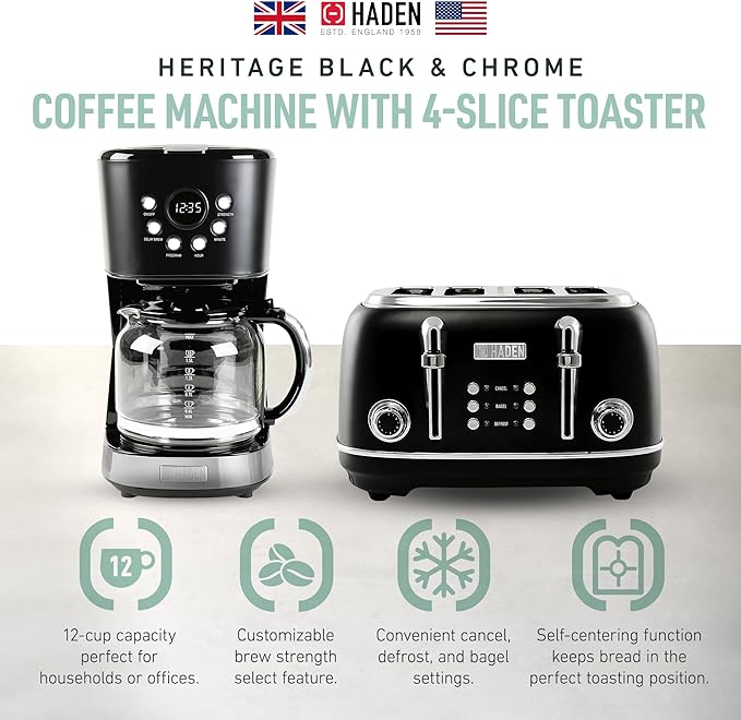 Haden Heritage 4 Slice Wide Slot Stainless Steel Toaster Bundled with 12 Cup Programmable Drip Coffee Maker Coffee Machine, Black & Chrome