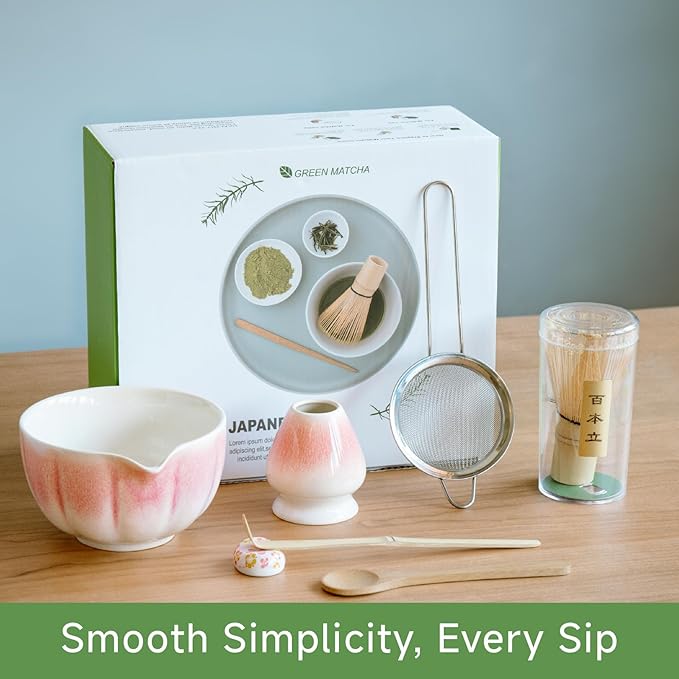 Matcha Whisk Set – 7 Pcs Japanese Tea Set with Bowl, Bamboo Whisk, Scoop, Holder, Sifter – Traditional Matcha Kit for Ceremony, Gift for Matcha Lovers
