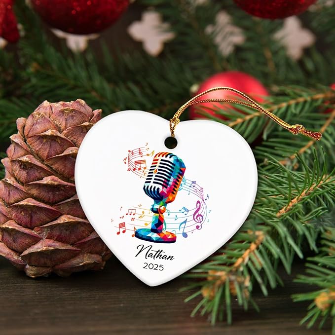 Customized Name & Year Microphone Ceramic Ornaments, Recording Vocals Xmas Ornament Tree, Personalized Microphone Ceramic Ornament Gifts, Singer Vocalist Ornaments Decoration Christmas Hanging 2025