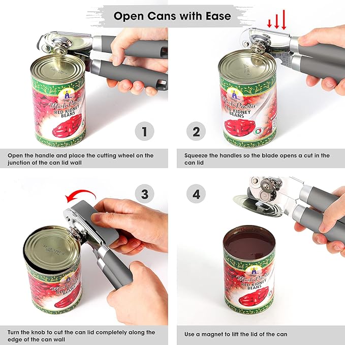 Beneno Heavy Duty Hand Can Opener Manual with Magnet, Durable Sharp Carbon Steel Blade Smooth Cutting, Big Effort-Saving Knob & Soft Grip Handle, Multifunctional Kitchen Tool with Bottle Opener, Gray