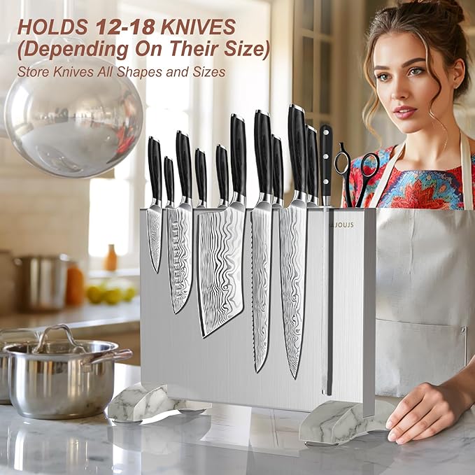 Magnetic Knife Block, Magnetic Kitchen Knife Holder Stand with Strong Magnet Strip for Kitchen Counter, Stainless Steel Double-Sided Universal Knife Storage Rack Organizer Without Knives