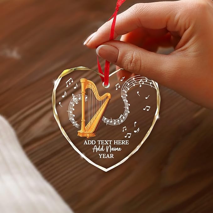 Personalized Text Name Year Harpist Christmas Ornament, Customized Harp Music Instrument Glass Ornaments, 2025 Xmas Ornament Gift for Teacher Student Harp Player, Musician Xmas Decorations