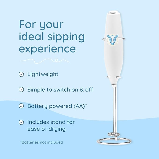 WonderCow Milk Frother Hand Mixer, Stainless Steel Electric Matcha Whisk, Handheld Mixer for Coffee, Greens, Protein & More, Battery Operated, Easy to Clean & Includes Whisk Stand (White)