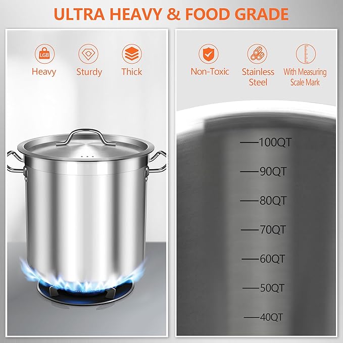 100 Quart Stainless Steel Stock Pot with Lid – Giant Heavy Duty Cooking Pot for Soup, Stew, Crawfish – Commercial Grade, Induction Compatible – Ideal for Catering & Bulk Cooking
