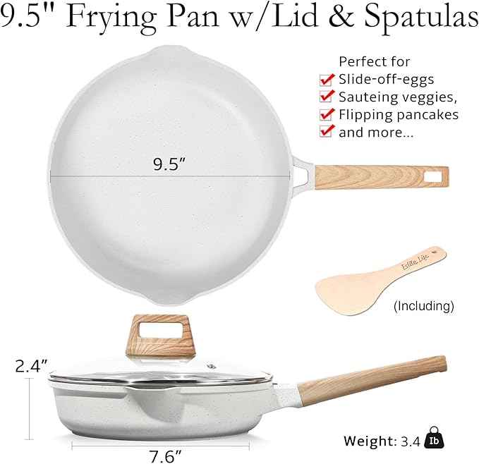 ESLITE LIFE Nonstick Ceramic Frying Pan Skillet with Lid, Non-Toxic Egg Omelette Kitchen Cooking Pans Compatible with All Stovetops (Gas, Electric & Induction), PTFE & PFOA Free (White, 9.5" w/Lid)
