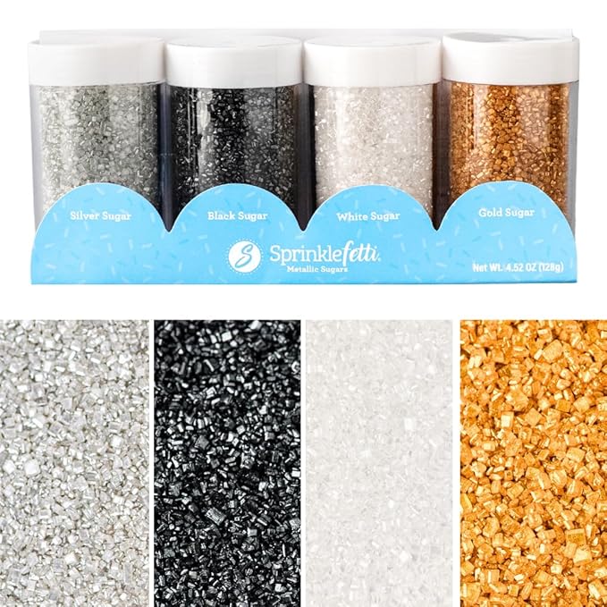 Sweets Indeed Metallic Sugar Crystals 4-Pack – 4.52 oz | Black, Gold, Silver & White Sparkling Sugars in Individual Jars | Premium Baking & Decorating Sugars for Holidays, Parties & Desserts