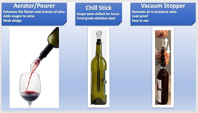 Cocina Vida 8 Piece Electric Wine Bottle Opener Set Includes Foil Cutter, 2 Aerators, Bonus Chill Stick & 2 Vacuum Stoppers and Storage Base - Perfect Wine Lovers Gift- Wine Accessories