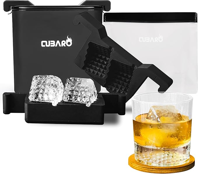 2.4" Patterned Clear Ice Cube Maker – Premium Textured Square Ice Mold with Hard Shell Case & Bonus Freezer Bag – Crystal Clear Ice with Lattice Detail for Whiskey & Cocktails