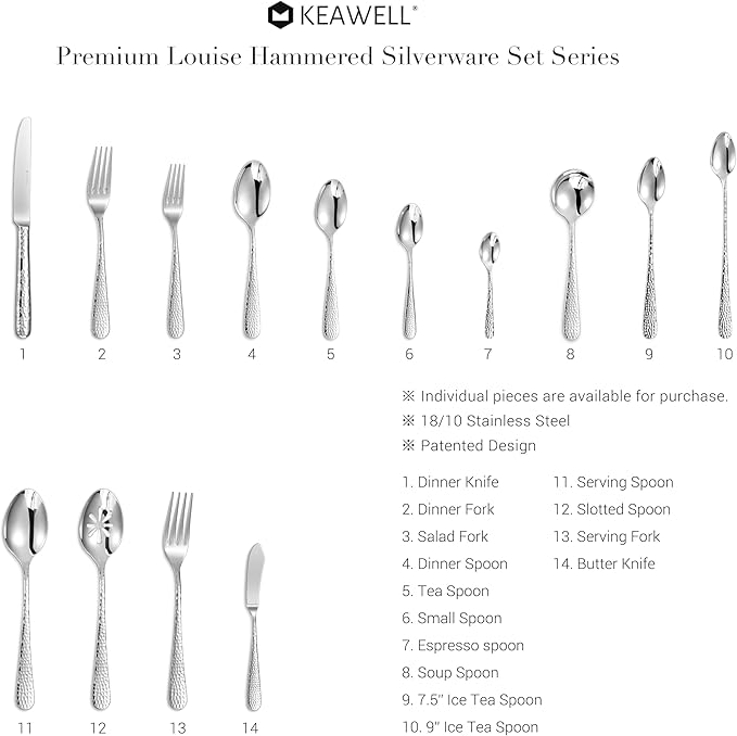 KEAWELL Premium 4-Piece Louise Hammered Spoons Set, 18/10 Stainless Steel, Set of 4, Fine Spoon Set with Round Edge, Dishwasher Safe (5.6" Small Spoons)