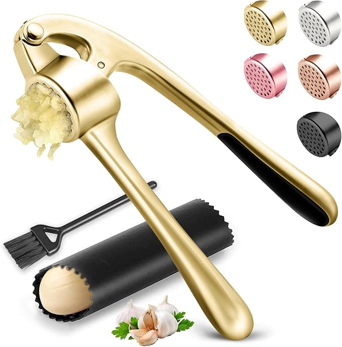 Kitchen Garlic Press, Rust Proof & Dishwasher Safe Garlic Mincer, Durable Garlic Crusher Set with Peeler＆Brush, Easy to Clean and Squeeze, Gold