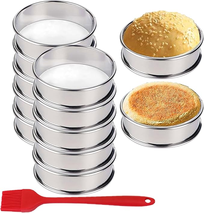 HLMOptimo English Muffin Rings, Stainless Steel Crumpet Rings, 6 Pcs Nonstick Metal Round Ring Molds with Silicone Oil Brush (4 inch 12 pcs)