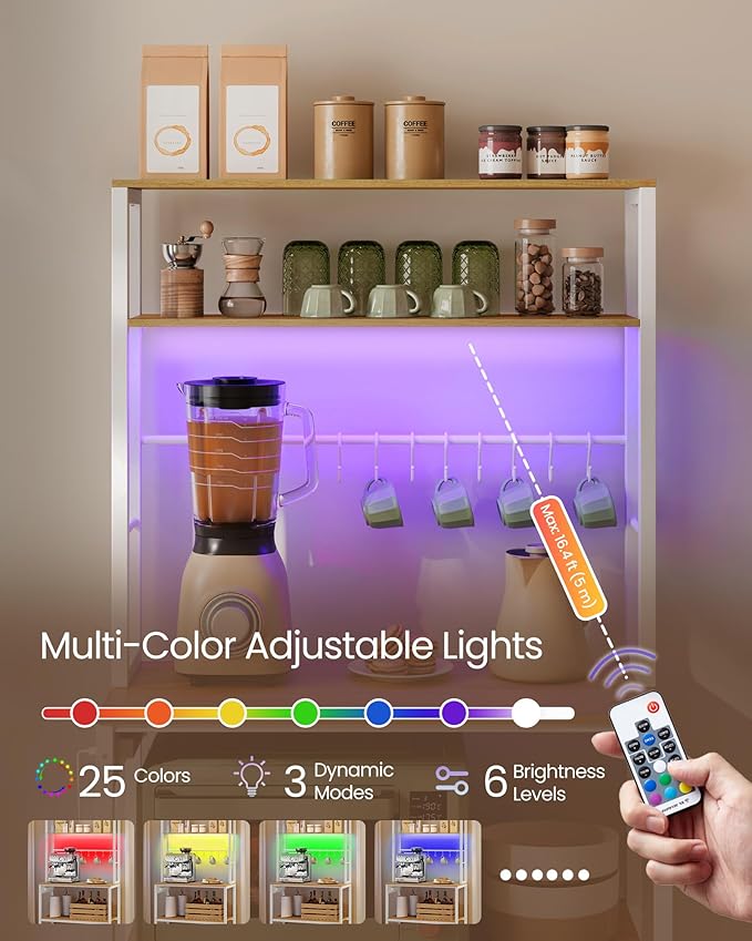 VASAGLE Coffee Bar with LED Lights, Kitchen Bakers Rack with Power Outlet, Microwave Stand with Adjustable Shelves, 8 Hooks, 15.7 x 31.5 x 65.7 Inches, Golden Oak and Matte White UKKS050Y01