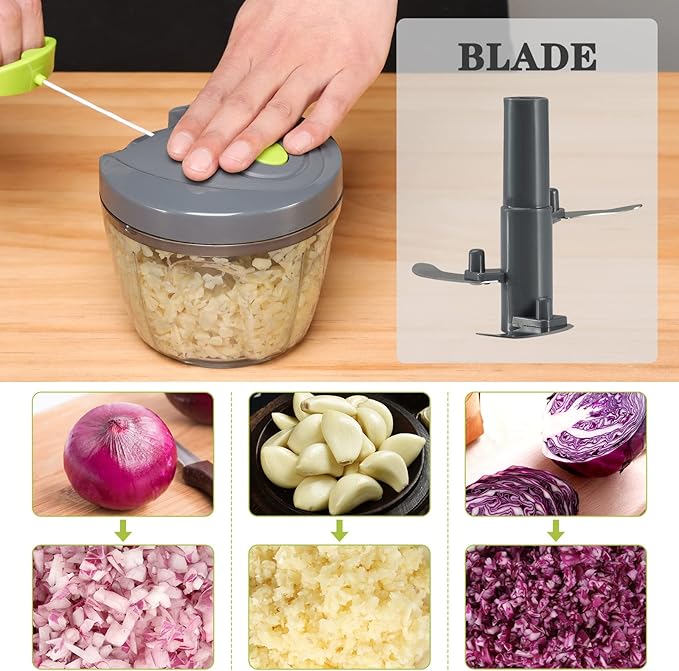 Cambom Manual Food Chopper Vegetable Cutter, Hand String Vegetable Chopper Onions Cutter for Vegetable Fruits Nuts BPA Free Food Safe Material, 650ml Gray