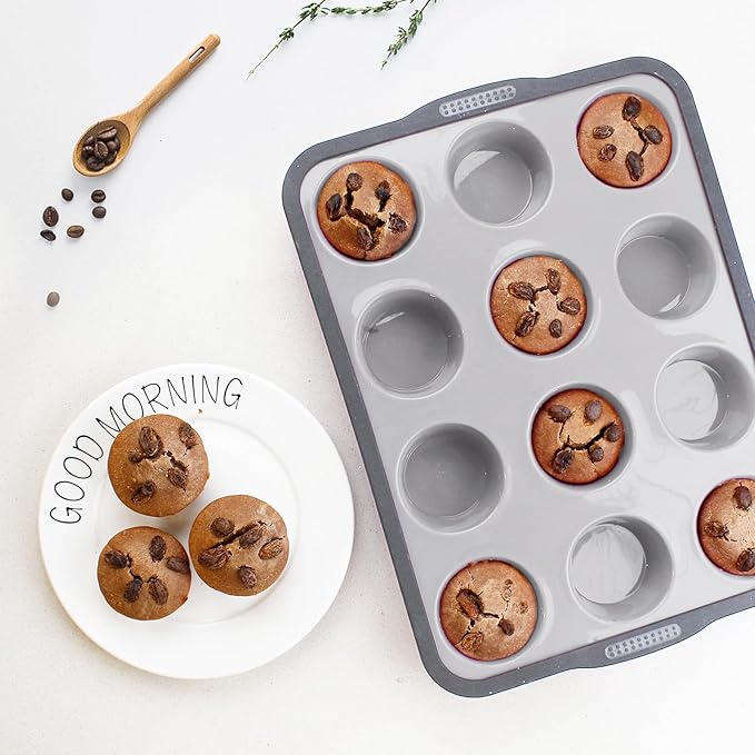 Aichoof Non-Stick Silicone Muffin Pan With Reinforced Stainless Steel Frame Inside,12 Cup Regular Muffin Baking Mold, 12 Cup Muffin Tin, BPA Free,Dishwasher Safe, Gray