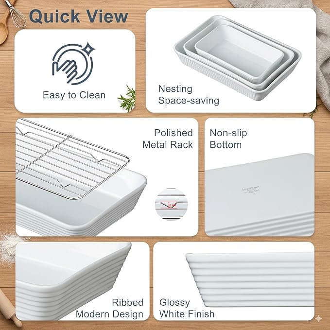 ONEMORE Baking Dishes for Oven, Large Casserole Dishes for Oven with Roasting Racks, Rectangular Ceramic Baking Dish Set of 3 for Cooking & Serving, Handleless Deep Dish Lasagna Pan (3QT/2.1QT/1.3QT)