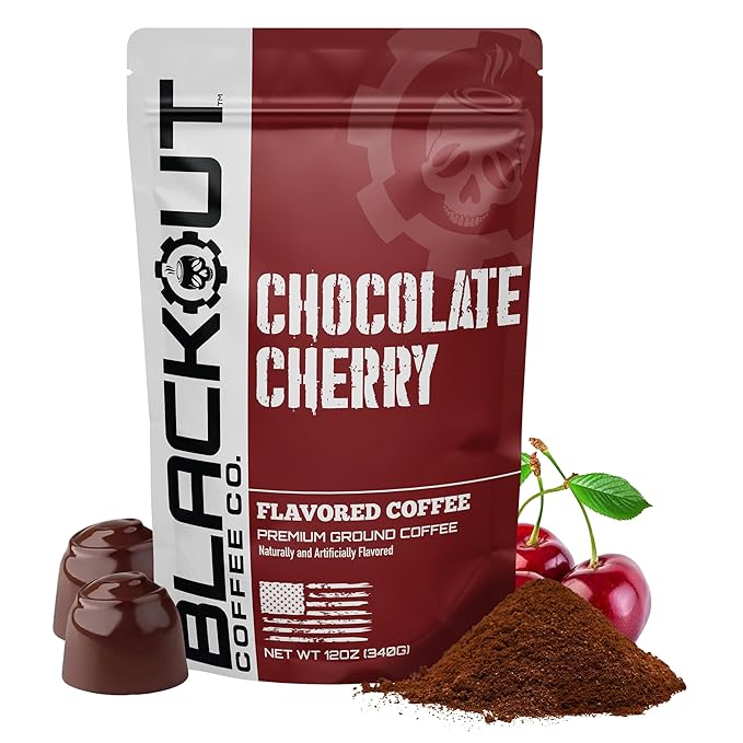 Blackout Coffee Chocolate Cherry Flavored Ground Coffee – Medium Roast, Smooth Taste, Guilt-Free Indulgence – Freshly Roasted 12oz Pouch, American Made
