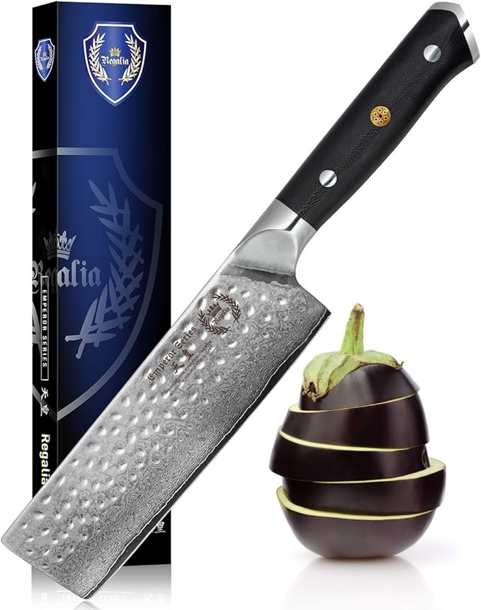 Regalia Nakiri (Usuba) Vegetable Chef Knife: Best 6-Inch Japanese AUS10 67-layer high Carbon Stainless Damascus Steel Asian Vegetable Cleaver Shaped Blade W/Hammered Finish, G-10 Handle