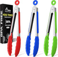 Hotec Mini Silicone Kitchen Tongs for Cooking - 7-Inch Small Serving Tongs with Silicone Tips, Set of 3 (Red,Blue,Green)