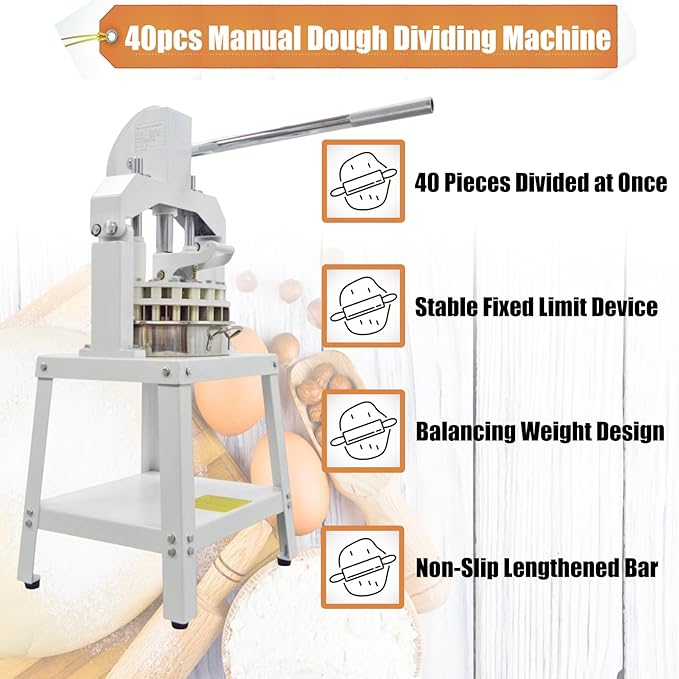 Commercial Dough Divider Manual 40PCS Dough Divider 0.95oz-5.08oz Heavy Duty Dough Cutter Machine with 27-144g Dough Weight Range for Baking, 40PCS