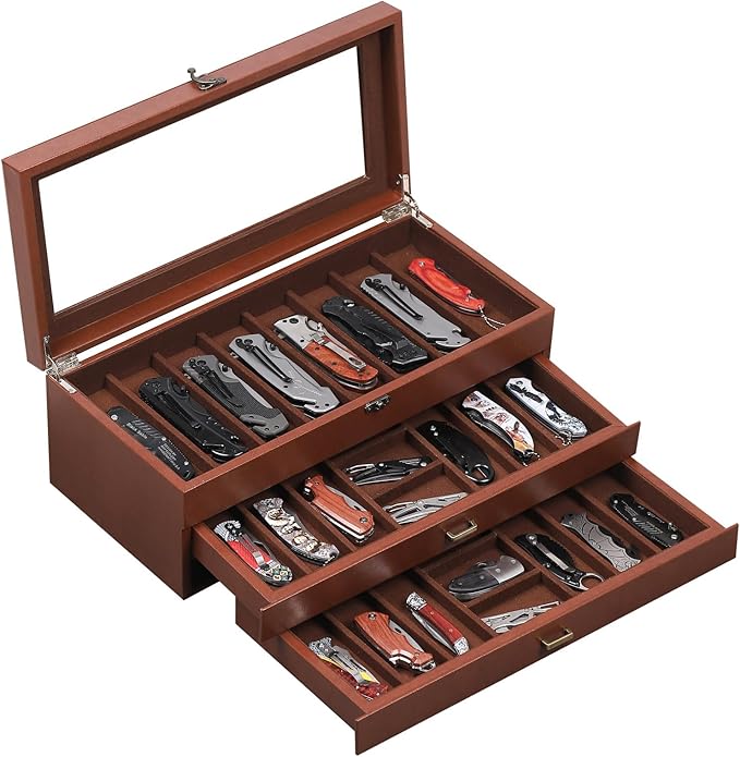 AUTOARK 3-Tier PU Leather & Velvet Knife Organizer with 26 Slots,Transparent Glass Top & Drawer,Compact Storage for Pocket Knives,Ideal for Men's Collections & Gifts,Coffee,MKAW013