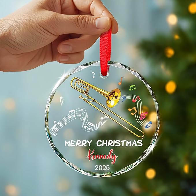 Custom Text & Name Trombone Instrument Player Glass Ornament, Trombone Christmas Ornament Gift for Instrumentalist, Personalized Trombonist Xmas Glass Ornaments, Musical Instrument Christmas Keepsake