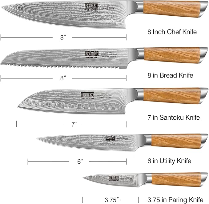 HOSHANHO 5 Pieces Kitchen Knife Sets, Ultra Sharp Professional Damascus Super Steel Chef Knives Sets with Ergonomic Olive Wood Handle, Including Chef, Bread, Santoku, Utility & Paring Knives