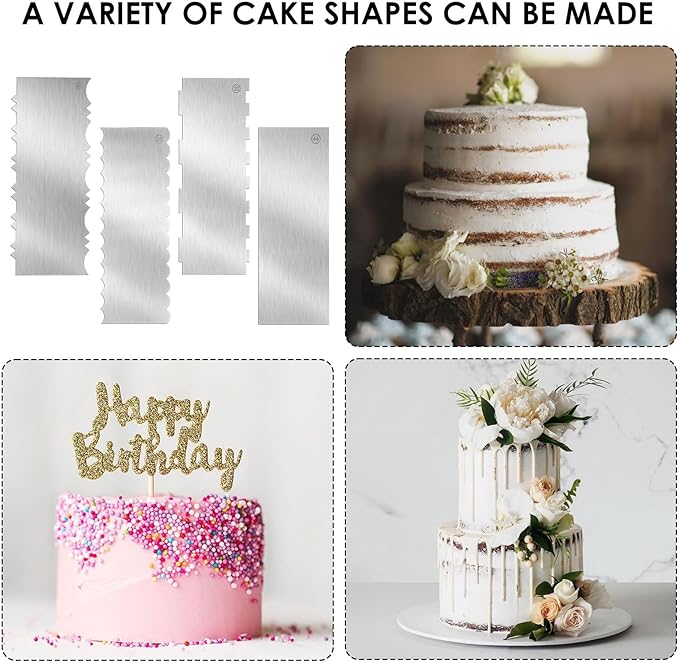 4 Pcs Stainless Steel Cake Scraper 10 Inch Metal Scraper for Cake Smoother Cake Decorating Comb Contour Double Sided Patterned Edge Stripe Tool Cake Cutter for Mousse Cream Pastry Baking