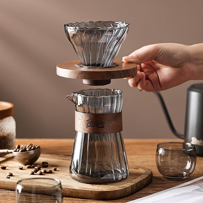 Bincoo Pour Over Coffee Maker Set - 500ML Glass Coffee Server Coffee Carafe with Walnut Dripper and 50PCS Paper Filter, Drip Coffee Maker Set for Home Café Restaurant