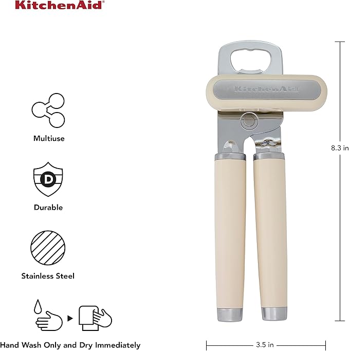KitchenAid Classic Multifunction Can Opener and Bottle Opener Easy to Use, Razor Sharp Stainless Steel Cutting Wheel, Soft Ergonomic Handles, Almond Cream