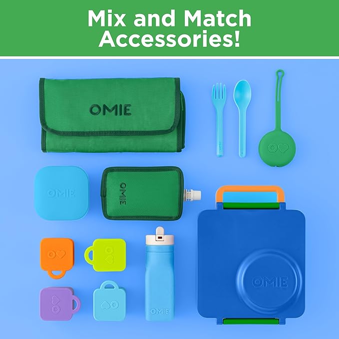 OmieBox Bento Box for Kids - Insulated Bento Lunch Box with Leak Proof Vacuum Insulated Food Jar - 3 Compartments, Two Temperature Zones (Monster Blue)