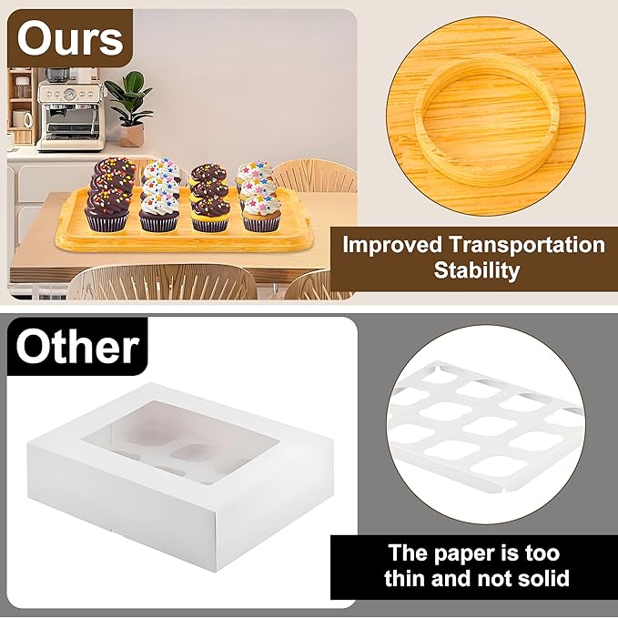 MinBoo Reusable Bamboo Cupcake Storage for Birthday Holiday Party Bakery Supplies Containers Portable 12 Standard-Size Cupcakes with Heightened Transparent Lid & Carry Handle