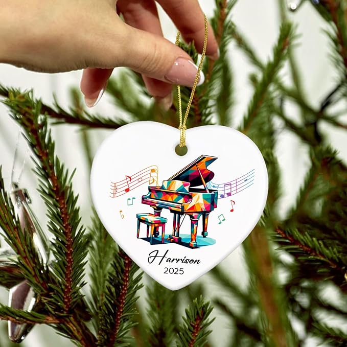 Piano Xmas Tree Ceramic Ornament Gifts for Music Lovers, Personalized Name & Year Piano Player Ornaments 2025, Pianist Ceramic Ornament Christmas Hanging, Custom Musical Instrument Ornaments Decor