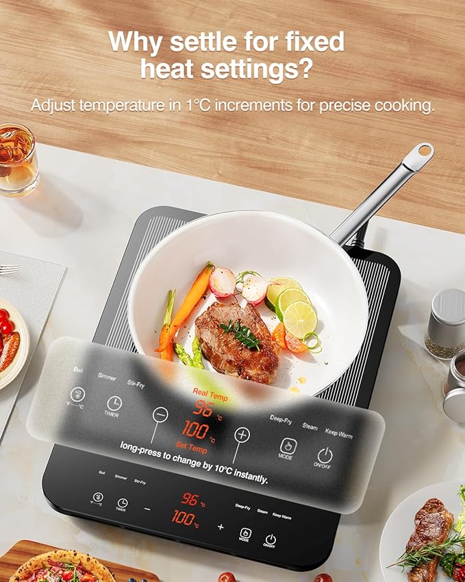 Portable Induction Cooktop, 1°C Precision Control, Dual Temp Display, 1L Boils in 4 Mins, Ultra-Slim 26mm Burner, 6 Cooking Modes, 3-Hour Timer, Glass Surface, for Magnetic Cookware Only