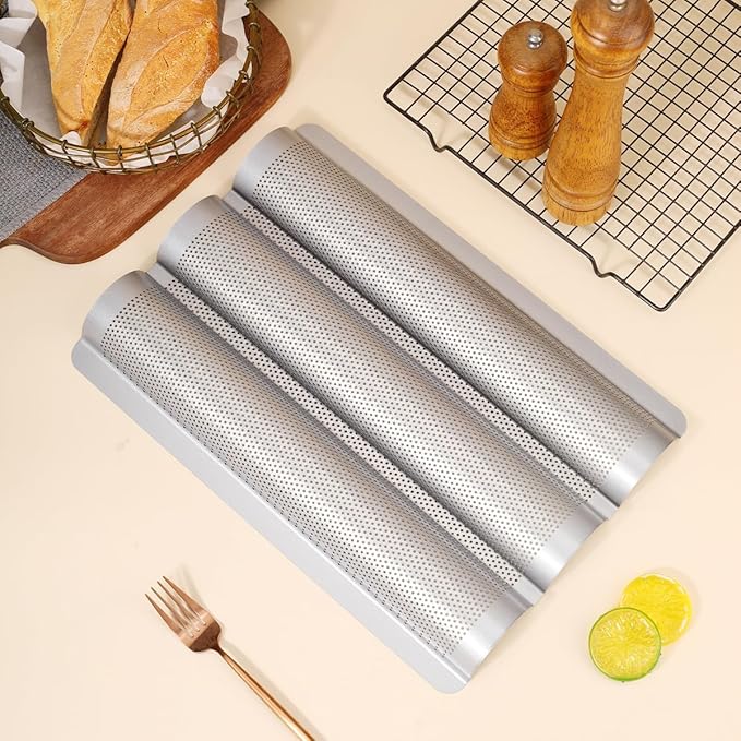 Hesanzol Baguette Pans for Baking 15" x 11", Carbon Steel 3 Loaf Nonstick Baguette Baking Tray for French & Italian Perforated French Bread Pan (2pack - Silver)