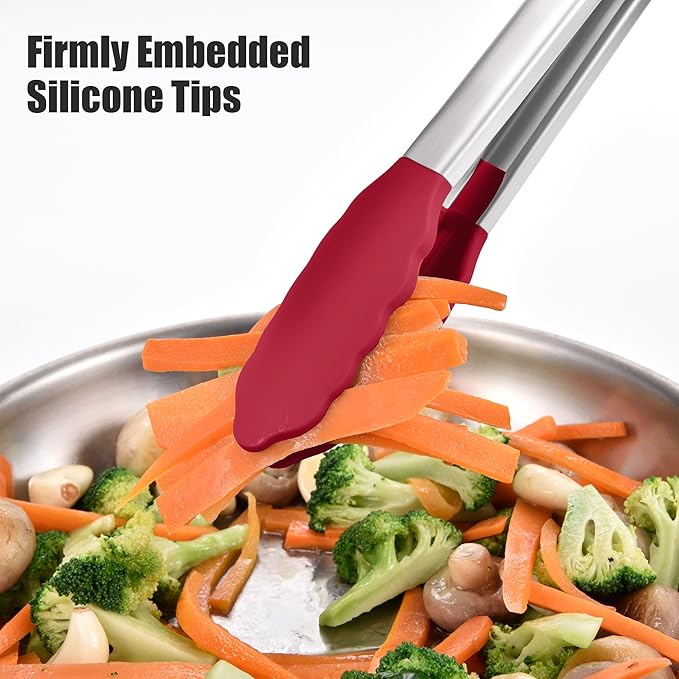 Doosu Kitchen Tongs for Cooking - 600°F Heat Resistant Food Tong with Non-Scratch Silicone Tips, Heavy Duty Stainless Steel Locking Tong for BBQ, Grilling Steak, Serving Salad, Pasta (12in, Red)