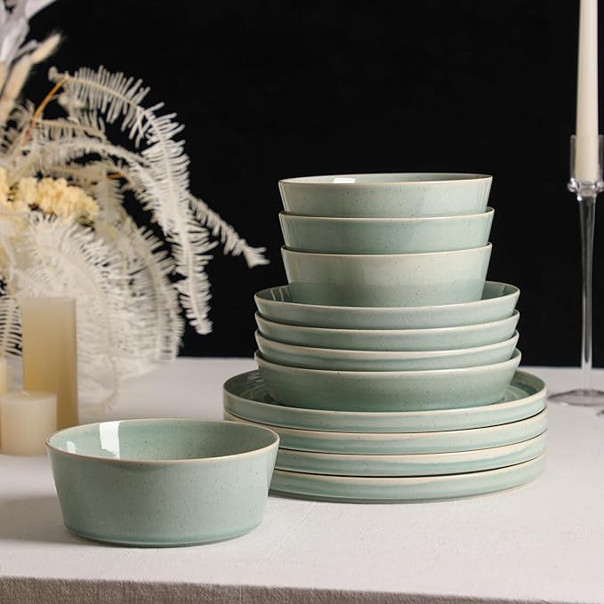 Stone Lain Claire 12-Piece Dinnerware Set Stoneware, Plates and Bowls Set, Dishwasher and Microwave Safe, Dish Set for 4, Green