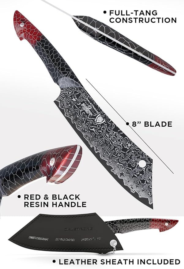 Dalstrong Crixus Chef Knife - 8 inch - Scorpion Series - Exclusive Japanese V12 Ultra™ Steel - Black Damascus - Black & Red Honeycomb Resin Handle - Versatile Chopping Kitchen Knife Leather Sheath