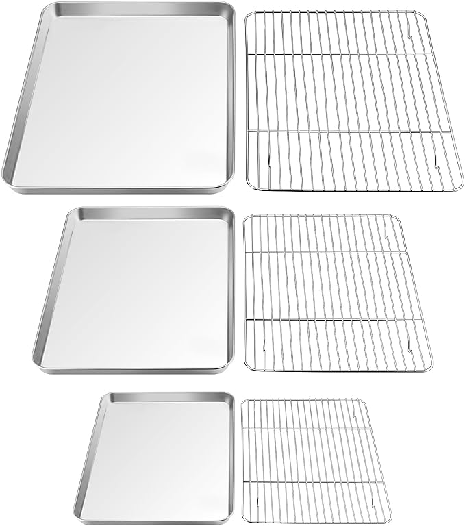 TeamFar Baking Sheet with Rack Set (3 Pans + 3 Racks), 16/12.5/9 Inch Stainless Steel Cookie Sheets Baking Pans Trays and Cooling Racks for Cooking Roasting, Non-Toxic & Heavy Duty, Dishwasher Safe