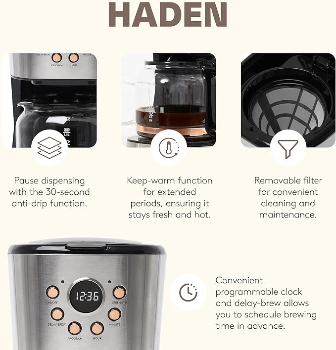 HADEN Heritage 12 Cup Programmable Retro Coffee Maker Machine Bundled with 2 Slice Wide Slot Toaster with Removable Crumb Tray, Steel/Copper